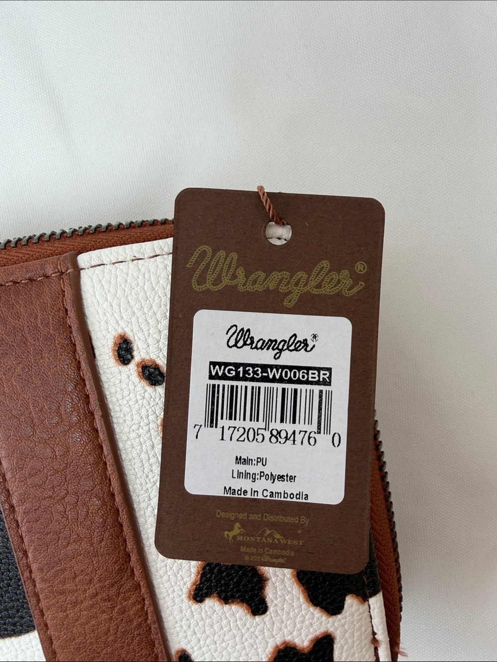 Wrangler Brown, Black & White Cowhide Zip Wallet with Wristlet - Picture 4 of 6